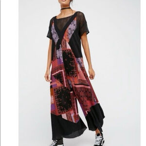 Free People All Patched Up‎ Wide Leg Jumpsuit Patchwork V-Neck Womens Size XS
